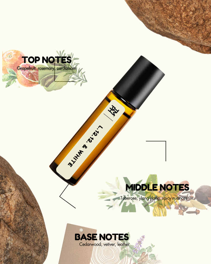 Roll-on bottle with notes on top, middle, and base of an essential oil blend.