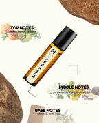 Roll-on bottle with notes on top, middle, and base of an essential oil blend.