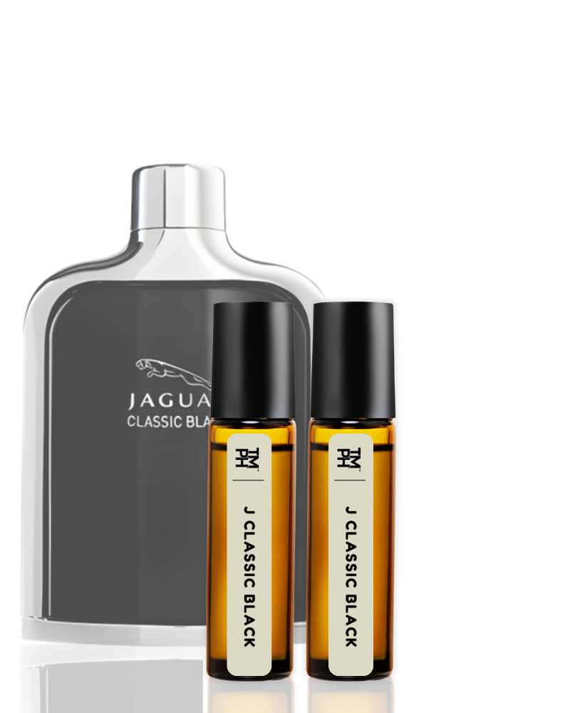 Jaguar Classic Black perfume bottle with two smaller bottles on a white background