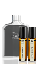 Jaguar Classic Black perfume bottle with two smaller bottles on a white background