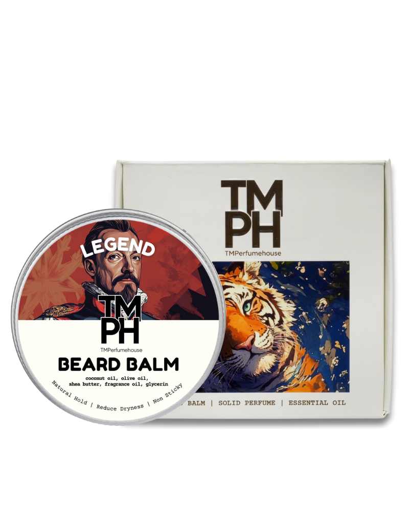 TM PH beard balm container with tiger illustration on a white background