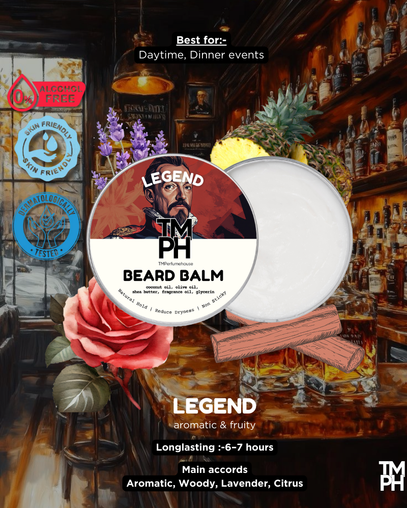 TM PH Beard Balm packaging with a bar setting background