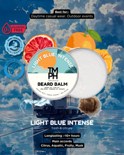 TM PH Beard Balm container with citrus fruits on a blue water background