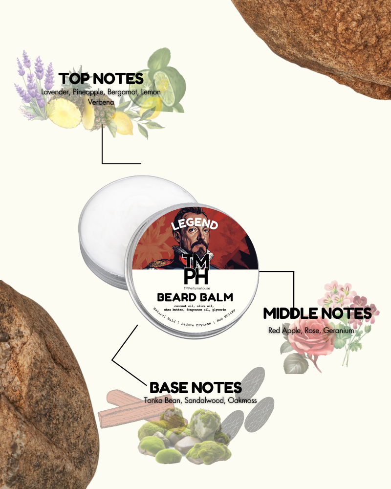 Beard balm container with notes on top, middle, and base notes displayed around it.
