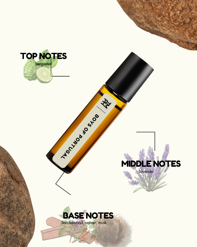 Roll-on bottle with essential oil labels and botanical illustrations on a white background