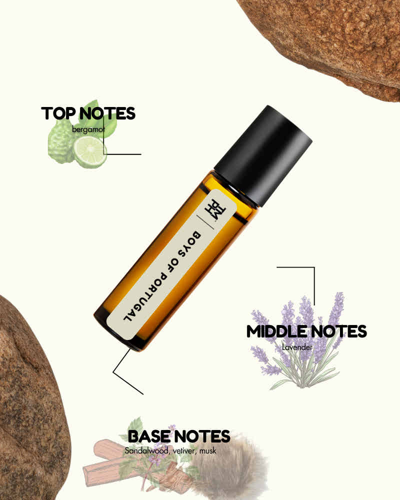 Roll-on bottle with essential oil labels and botanical illustrations on a white background