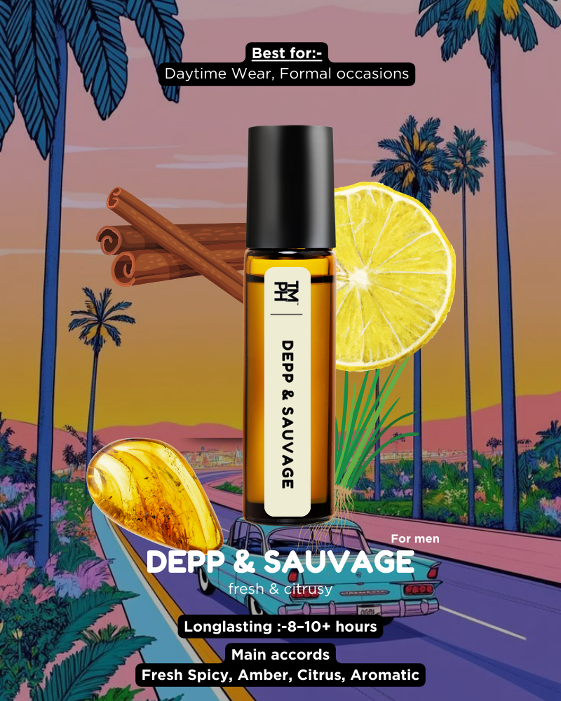 Depp & Sauvage perfume bottle with tropical background and product details.