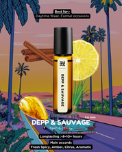 Depp & Sauvage perfume bottle with tropical background and product details.