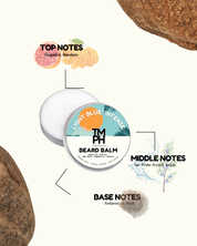 Beard balm container with notes on top, middle, and base notes on a white background