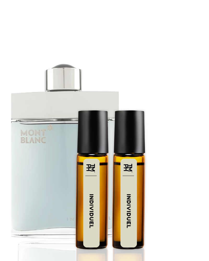 Mont Blanc perfume bottle with two Individual rollerball bottles on a white background