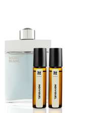 Mont Blanc perfume bottle with two Individual rollerball bottles on a white background