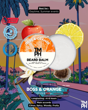 Beard balm packaging with tropical-themed background and text