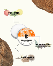 Beard balm packaging with flavor notes on a white background