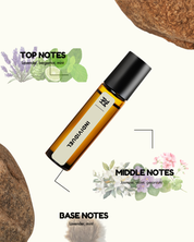 Roll-on bottle with botanical elements and notes on a white background