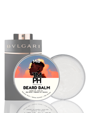 Bulgari perfume bottle and a container of Mithapha beard balm on a white background