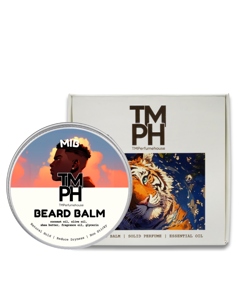 TM PH beard balm container with packaging featuring a tiger and sunset design.
