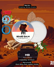 Beard balm packaging with desert-themed illustration and product details.
