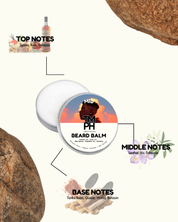 Beard balm container with notes on top, middle, and base scents on a white background