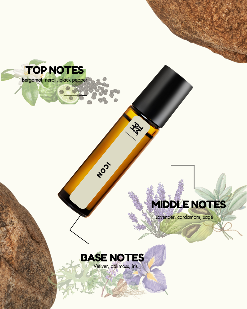 Roll-on bottle with botanical elements and notes on a white background
