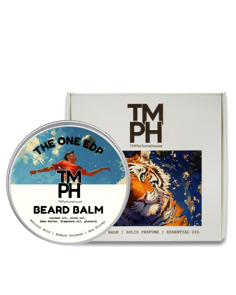 TM PH beard balm container with tiger design and packaging on a white background