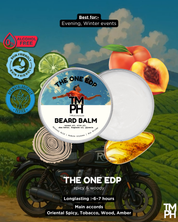 Beard balm packaging with motorcycle, peach, and lime elements on a scenic background