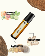 Roll-on bottle with notes on top, middle, and base of a fragrance, surrounded by essential oil imagery.