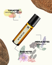 Roll-on bottle with botanical elements and notes on a white background