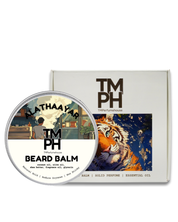 TM PH beard balm container with tiger design on a white background