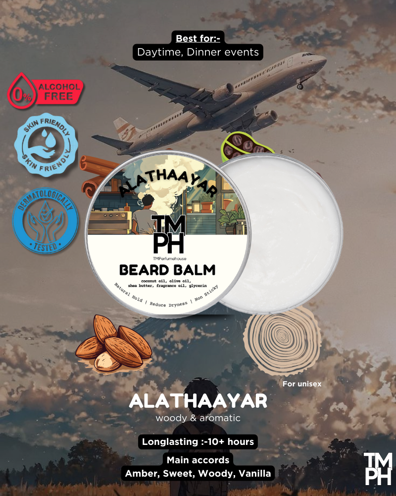 Alathaayar TM PH Beard Balm packaging with airplane illustration and product details.