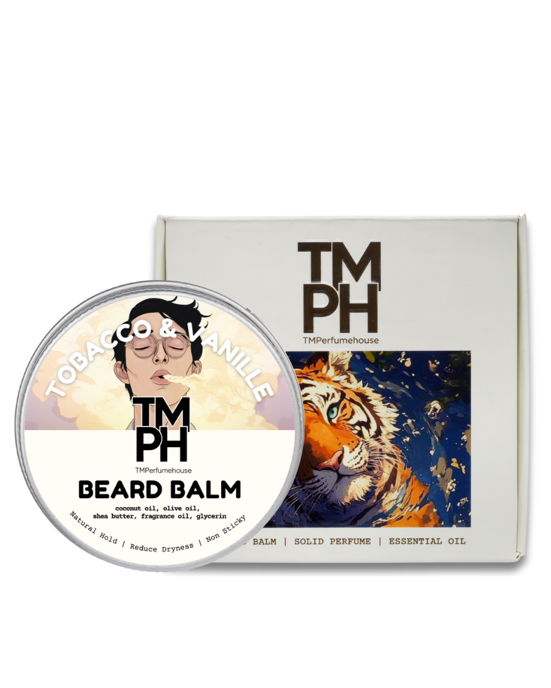 TM PH beard balm container with tiger illustration on packaging