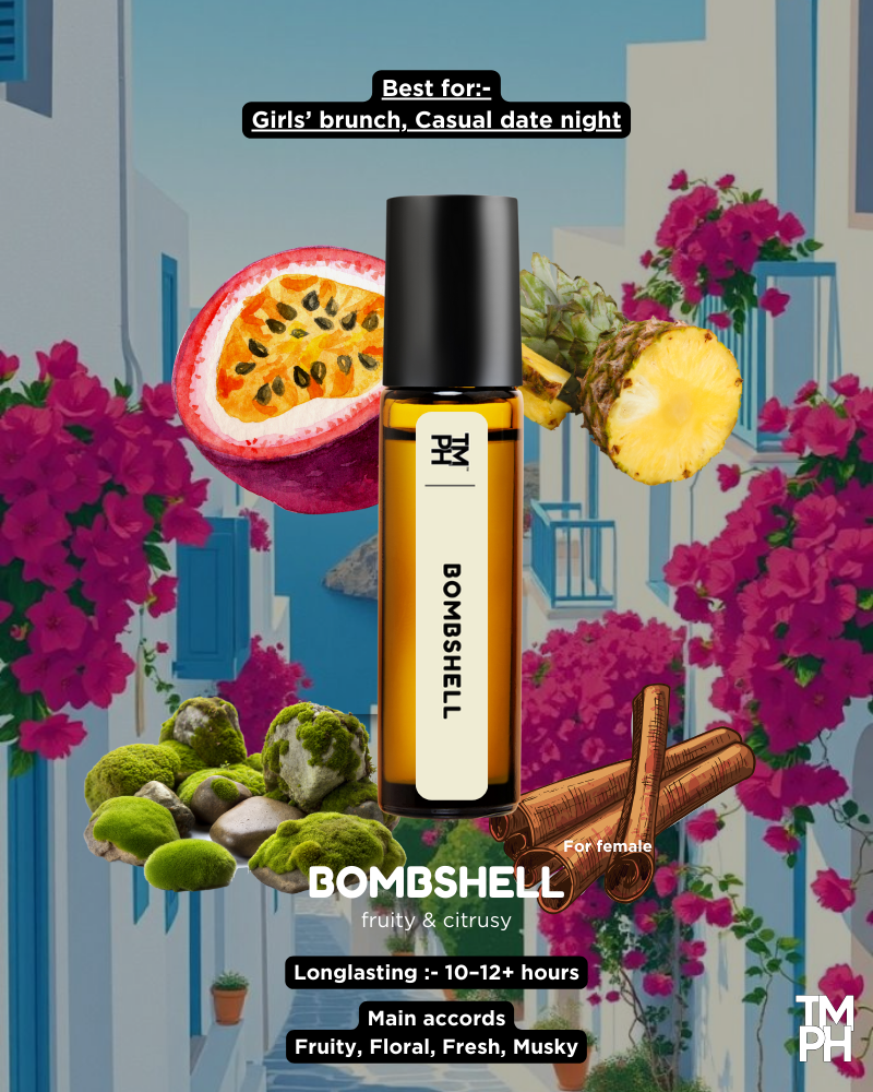 Bombshell perfume bottle with fruit and floral elements on a colorful background