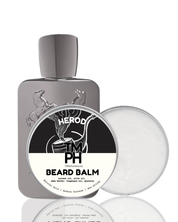 Herod Timph beard balm packaging with a silver bottle and black label on a white background