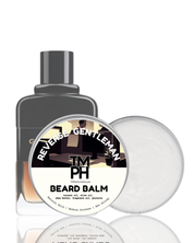 Beard balm and a bottle of aftershave with a visible brand logo on a white background