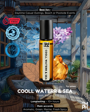 Roll-on bottle of 'Cooll Water & Sea' with product details and beachside setting