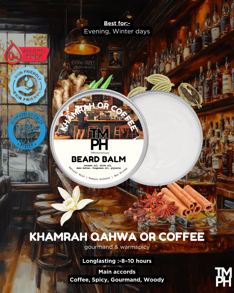 Beard balm packaging with a barista-themed background