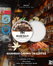 Beard balm packaging with a barista-themed background