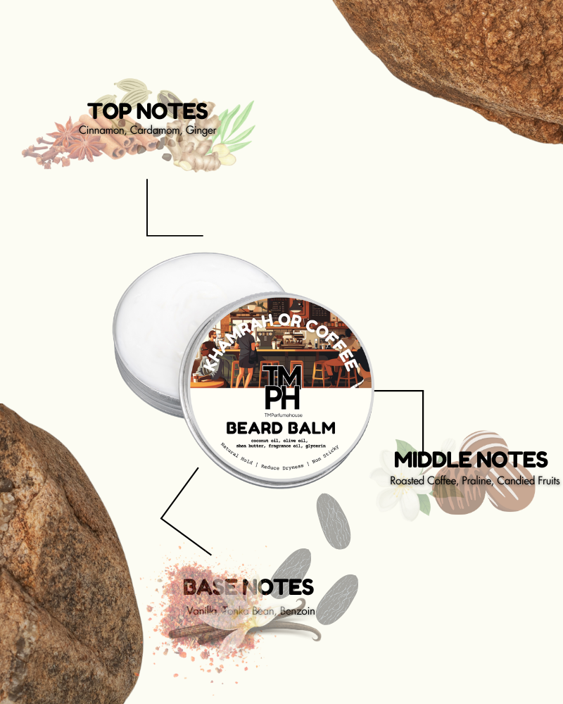 Beard balm container with flavor notes on a white background