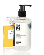 Shower gel bottle with pump and label on a white background