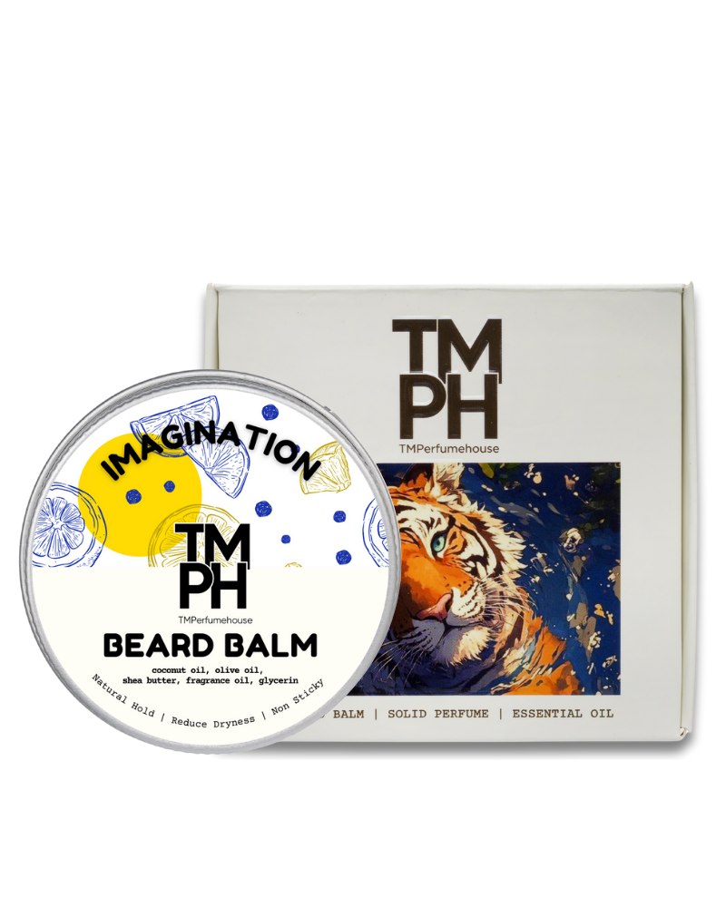 TM PH beard balm container with tiger illustration on packaging