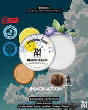 Beard balm packaging with natural elements and branding on a scenic background