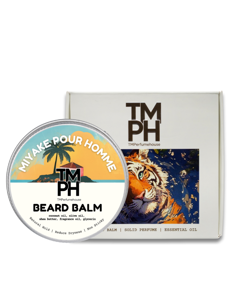 Beard balm container with 'TM PH' branding and a tiger illustration on a white background
