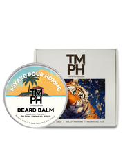 Beard balm container with 'TM PH' branding and a tiger illustration on a white background
