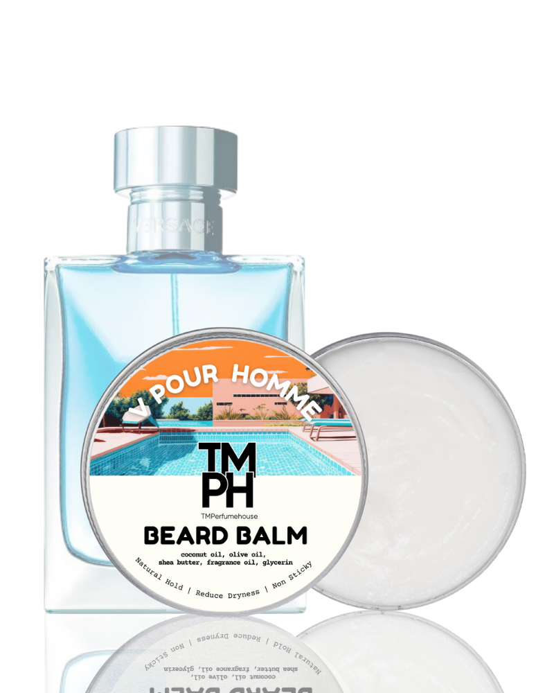 Beard balm packaging with a bottle and bar on a white background