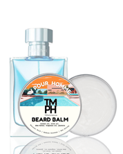 Beard balm packaging with a bottle and bar on a white background