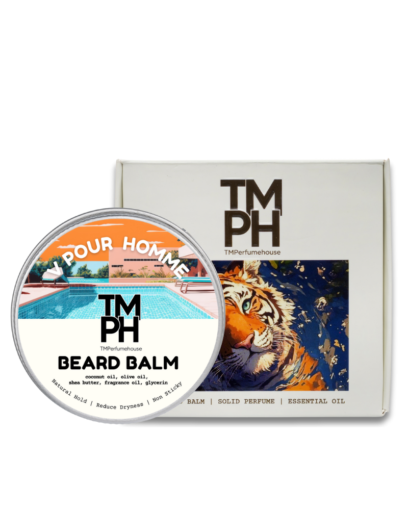 TM PH beard balm container with packaging featuring a tiger and pool design.