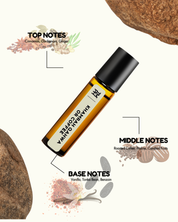 Roll-on bottle with essential oil ingredients labeled on a white background