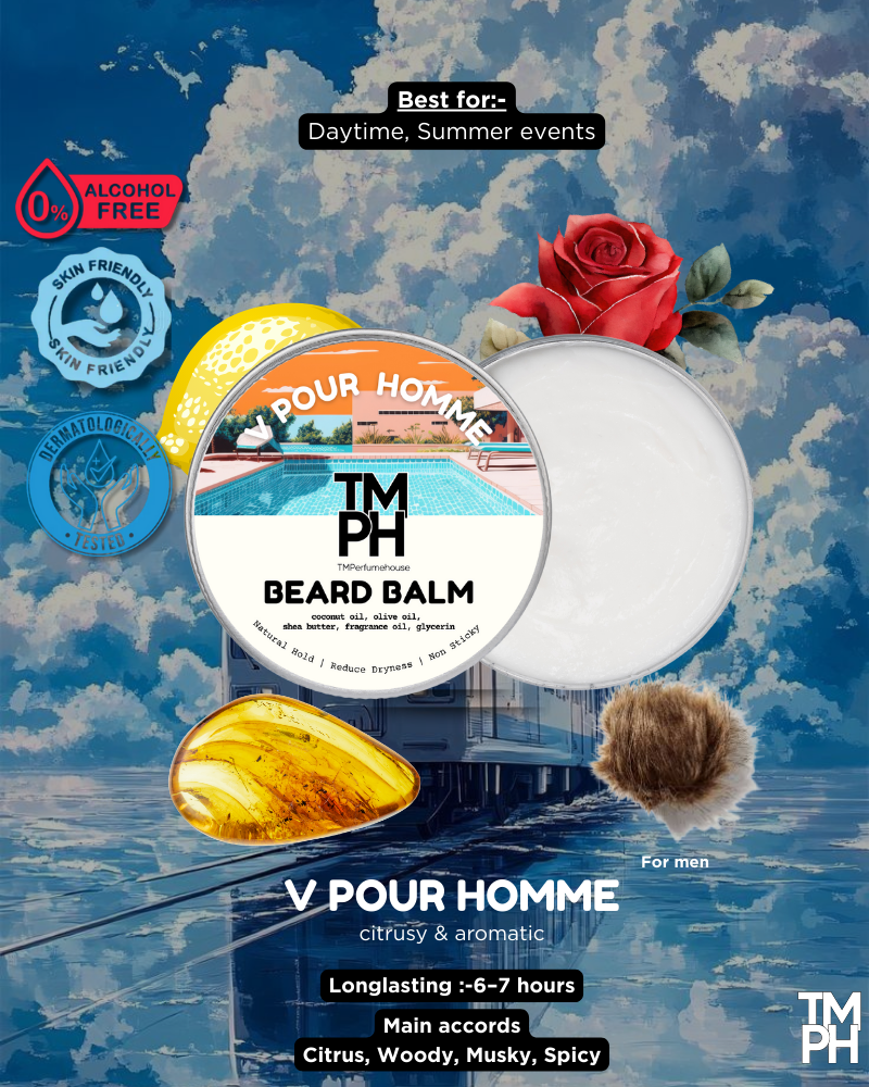Advertisement for V Pour Homme beard balm with product packaging and branding elements.