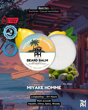 Beard balm packaging with tropical design and scenic background