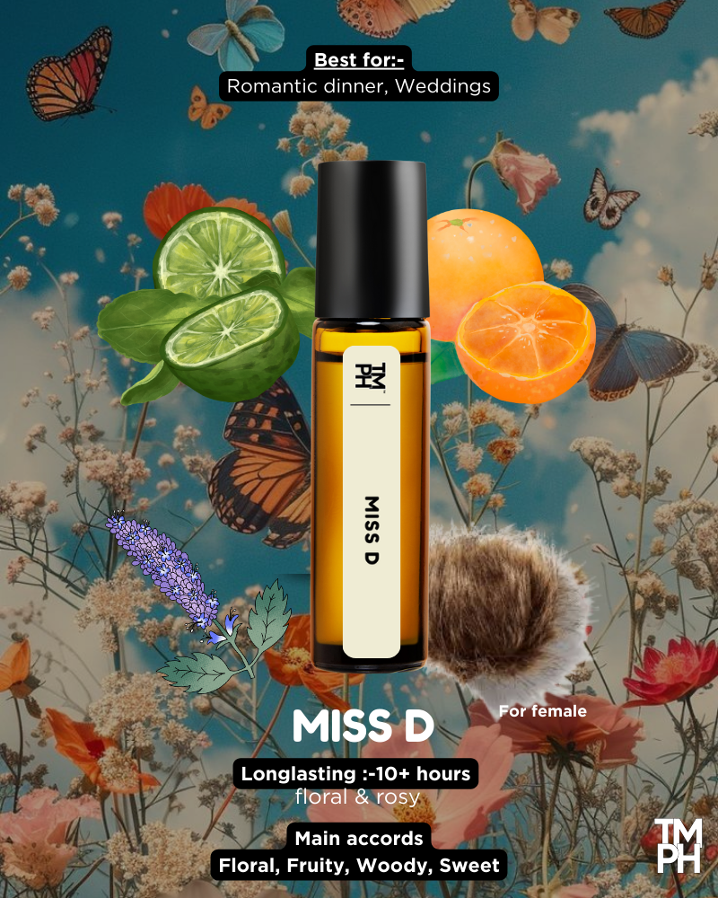 MISS D perfume bottle with floral and fruit background