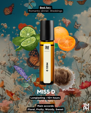 MISS D perfume bottle with floral and fruit background